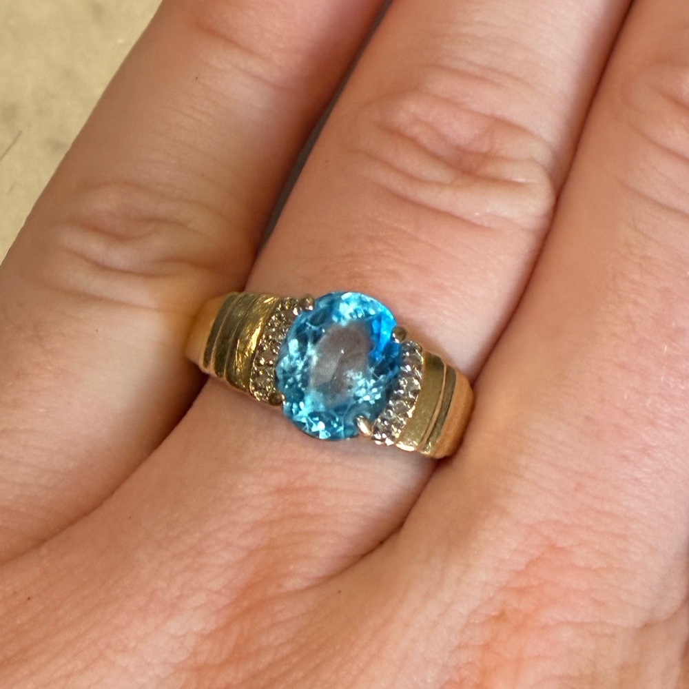 14k Solid Gold Natural Diamond Swiss Blue Topaz Ring
